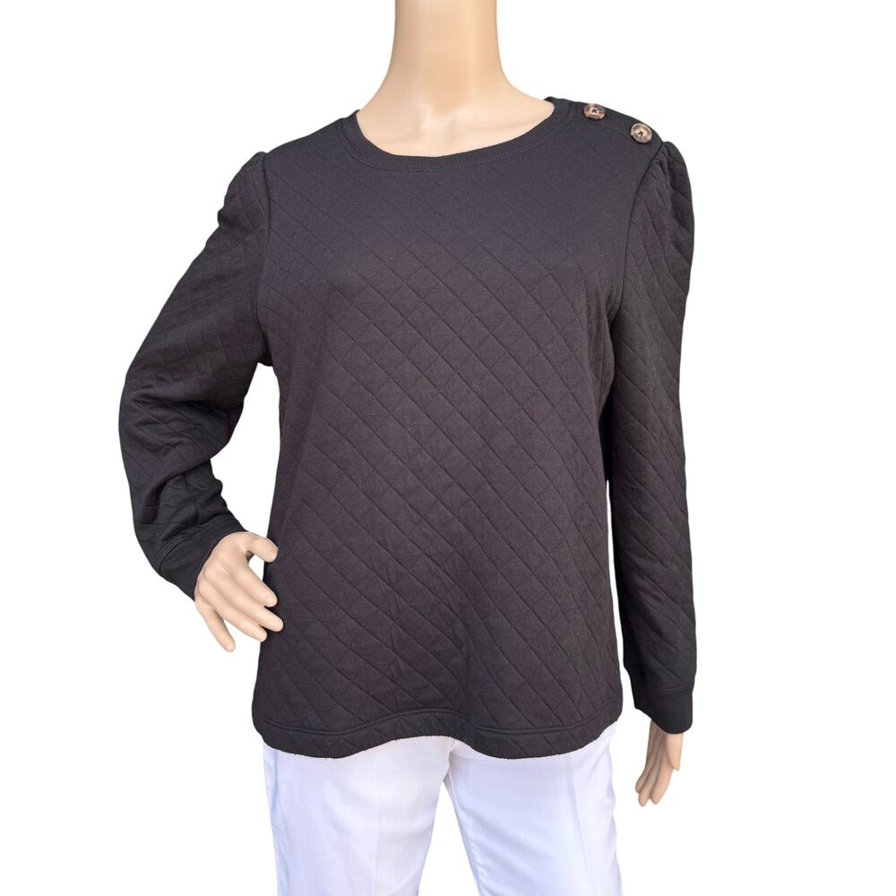Croft Barrow Black Quilted Shoulder Button Top Puff Sleeve Knit Pullover Size L